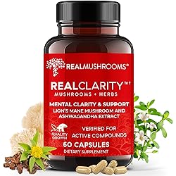 Real Mushrooms RealClarity Brain Supplement Mushroom Powder Capsules - Mushroom Supplement for Mental Clarity, Focus, Cognition, Daily Immune Support - Organic Lions Mane Capsules w Ashwagandha, 60ct