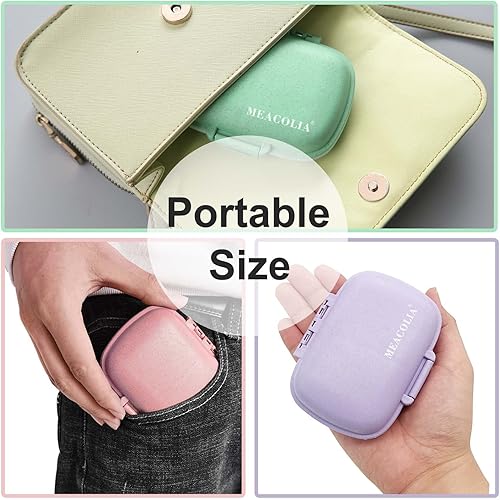 MEACOLIA 3 Pack 8 Compartments Travel Pill Organizer Moisture Proof Small Pill Box for Pocket Purse Daily Pill Case Portable Medicine Vitamin Holder Container Purple, Green, Pink