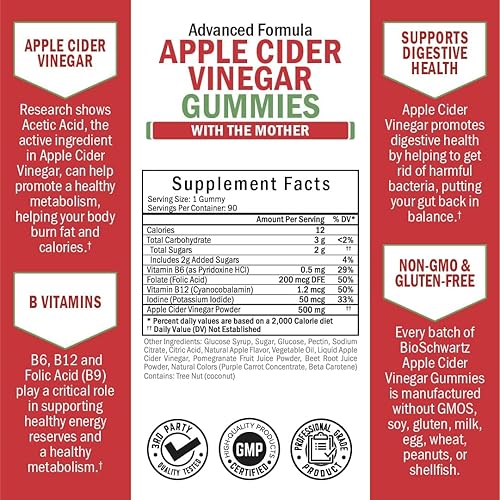 Apple Cider Vinegar Gummies for Weight Loss - ACV Gummies with The Mother for Women & Men - Energy Boost Bloat Digestive & Immune Support - Vitamin B12 B6 B 9 Folic Acid - Vegan Detox Cleanse -90Ct