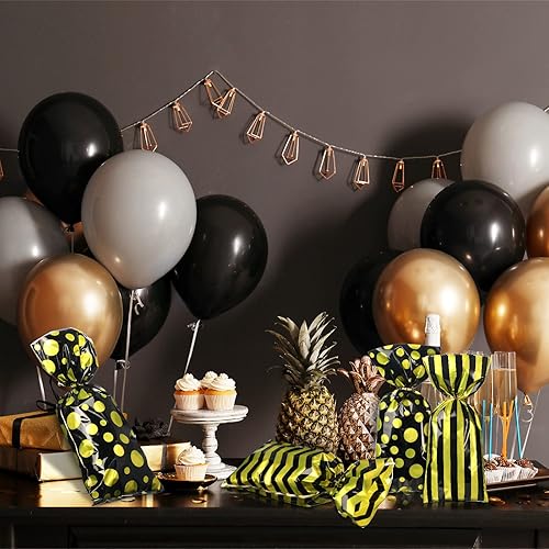 105 Pieces Black Gold Party Cellophane Treat Bags, Polka Dot Stripes Printed Pattern Goodie Candy Favor Bags with 100 Twist Ties for Graduation Wedding Baby Shower Birthday Party Supplies