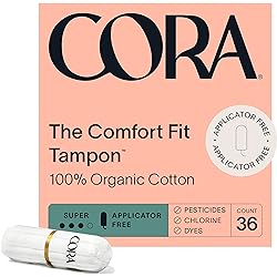 Cora 100% Organic Cotton Non-Applicator Tampons | Super Absorbency | Applicator-Free | Leak Protection | Ultra-Absorbent | Unscented | Packaging May Vary 36 Count