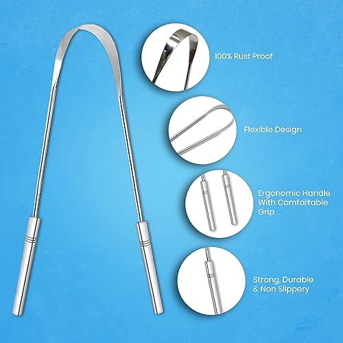 Tongue Scraper for Adults by HOKIN 2Pcs Oral Care Pack Stainless Steel Tongue Cleaners Reduce Bad Breath 100% Metal Tough Scrapers Men and Women Hygiene Product