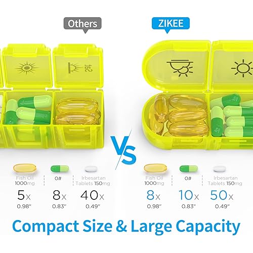 ZIKEE Weekly Pill Organizer 3 Times A Day, Compact Pill Box 7 Day with Roomy Pill Case and Sturdy Design for Managing Your Vitamins, Fish Oils, Supplements and Medications