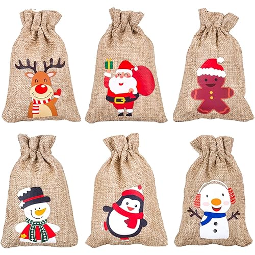 DERAYEE 36Pcs Christmas Jute Burlap Gift Bags with Drawstring, Small Craft Canvas Goodie Bags for Xmas Party Wedding Supplies 10 15 CM