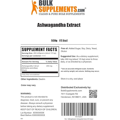 BulkSupplements.com Ashwagandha Extract - Ashwagandha Powder - Pure Ashwagandha for Men - Ashwagandha Supplements - Thyroid Support for Women - Sleep Powder - Adaptogenic Herbs 500 Grams - 1.1 lbs