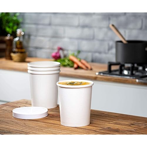 32 oz. Paper Food Containers With Vented Lids, To Go Hot Soup Bowls, Disposable Ice Cream Cups, White - 25 Sets