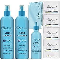 Care Touch Eyeglass Cleaner Spray Kit, Alcohol-Free Glasses Cleaner Solution for All Lenses, 16oz 8oz x 2 & 2oz Bottles - Eye Glasses Lens Cleaner Kit with 26 Lens Wipes & 2 Microfiber Cloths