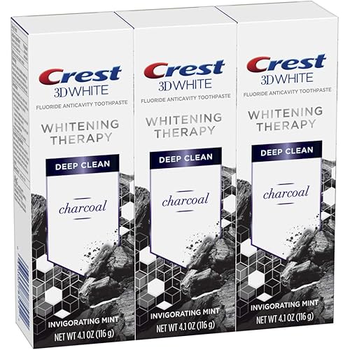 Crest Charcoal 3D White Toothpaste, Whitening Therapy Deep Clean with Fluoride, Invigorating Mint, 4.1 Ounce, Pack of 3