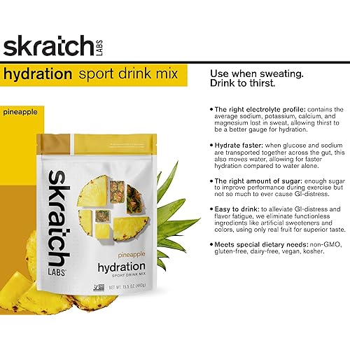 Skratch Labs Hydration Drink Mix- Pineapple- 20 Servings- Electrolyte Powder for Exercise, Endurance and Performance- Essential Electrolytes for Energy and Rapid Recovery- Non-GMO, Vegan, Gluten Free