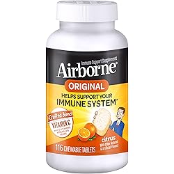 Airborne 1000mg Vitamin C Chewable Tablets with Zinc, Immune Support Supplement with Powerful Antioxidants Vitamins A C & E - 116 count bottle, Citrus Flavor, Gluten-Free