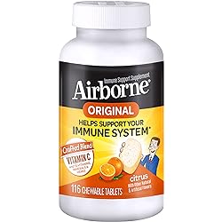 Airborne 1000mg Vitamin C Chewable Tablets with Zinc, Immune Support Supplement with Powerful Antioxidants Vitamins A C & E - 116 count bottle, Citrus Flavor, Gluten-Free