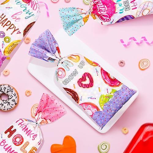 100 Pcs Donut Candy Bags Donut Grow up Party Supplies Donut Cellophane Bags Gift Treat Bag Goodie Bags with Ties Two Sweet Donut Theme Birthday Party Decorations