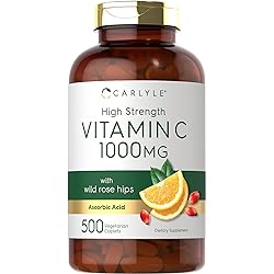 Vitamin C 1000mg | 500 Caplets | Ascorbic Acid with Wild Rose Hips | High Strength Formula | Non-GMO and Gluten Free Supplement | by Carlyle