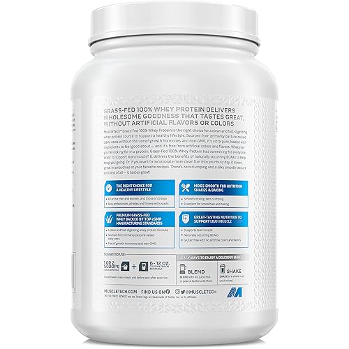 Grass Fed Whey Protein | MuscleTech Grass Fed Whey Protein Powder | Protein Powder for Muscle Gain | Growth Hormone Free, Non-GMO, Gluten Free | 20g Protein 4.3g BCAA | Deluxe Vanilla, 1.8 lbs