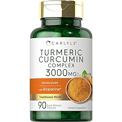 Turmeric Curcumin with Bioperine | 3000 mg | 90 Powder Capsules | Joint Support Complex with Black Pepper | Non-GMO, Gluten Free Supplement | by Carlyle