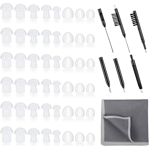 48 Pieces Hearing Aid Tips Hearing Aid Domes Universal Domes for Hearing Aid Earbud Tip Replacement, BTE Hearing Sound Amplifier Accessories and 7 Pieces Hearing Aid Cleaning Tools with Velvet Bag