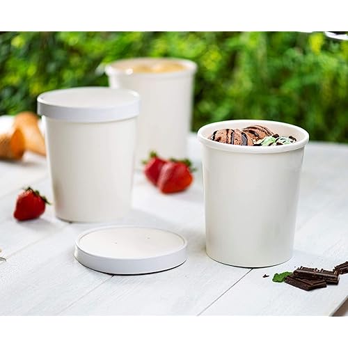32 oz. Paper Food Containers With Vented Lids, To Go Hot Soup Bowls, Disposable Ice Cream Cups, White - 25 Sets