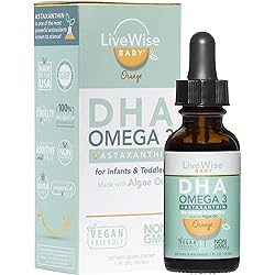 DHA Omega 3 Liquid Drops - Baby Vitamin DHA Omega 3 for Infants Plus Astaxanthin - Vegan Friendly, Great Tasting - Omega 3 Supplement wOrganic Orange Oil Supports Healthy Brain, Eyes, Immune System