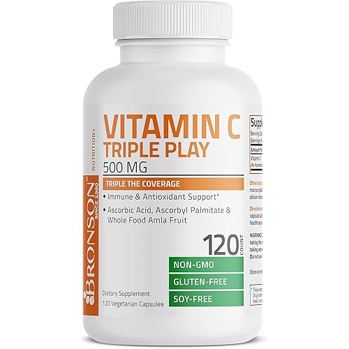 Bronson Vitamin C Triple Play 500 mg - Triple The Coverage - Ascorbic Acid, Ascorbyl Palmitate & Whole Food Alma Fruit - Immune & Antioxidant Support, Non-GMO, 120 Vegetarian Capsules