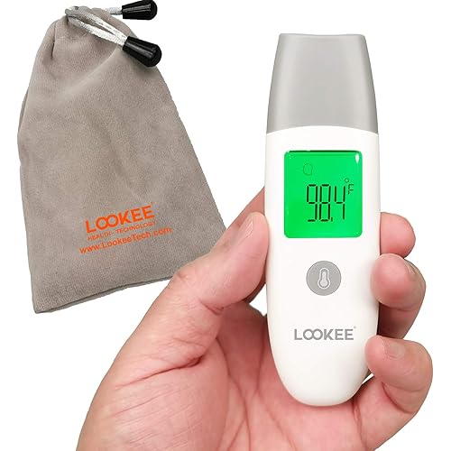 LOOKEE Petite Infrared Touchless Forehead Thermometer for Adults and Kids | Baby Thermometer with Fever Alarm | 3-In-1 No Touch Medical Digital Thermometer with Memory of 35 Readings | Battery & Pouch
