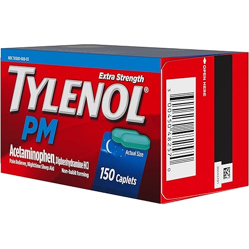 Tylenol PM Extra Strength Nighttime Pain Reliever & Sleep Aid Caplets, 500 mg Acetaminophen & 25 mg Diphenhydramine HCl, Relief for Nighttime Aches & Pains, Non-Habit Forming, 150 ct