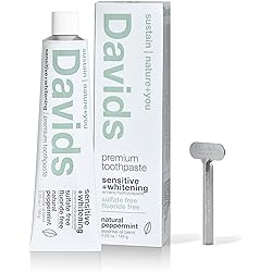 Davids Nano Hydroxyapatite Natural Toothpaste, Sensitive, Whitening, Enamel Health, Fluoride Free, SLS Free, Peppermint, 5.25 oz Metal Tube, Tube Roller Included