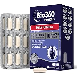 Bio360 Probiotic Daily Formula | Vegan Prebiotics and Probiotics for Women & Men | 30 Billion CFU 10 Strain | Stable Blister Pack | 30 Supplements