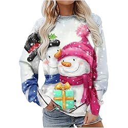 Women Shirts and Blouses Long Sleeve Round Neck Blouses & Shirts Christmas Tops Digital Print Crewneck Lightweight Sweatshirt Pullover Comfy Snowman Santa Print Blouse Easy Match Activewear624