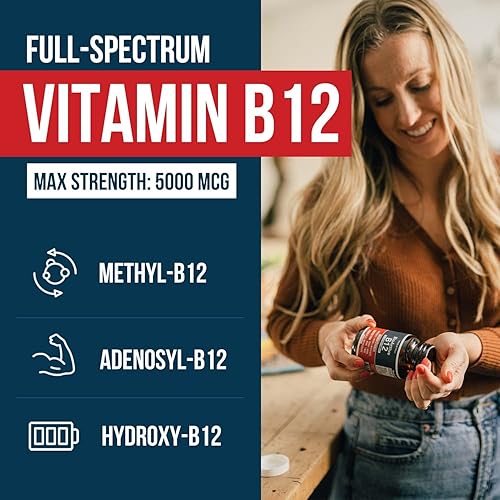 BioActive Vitamin B12 - 5000 mcg, Contains 3 BioActive B12 Forms Plus Methylfolate Cofactor - Methyl B12, Adenosyl B12 & Hydroxy B12 | Supports Energy, Metabolism & Mood | Vegan, Non-GMO 60 Servings