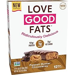 Love Good Fats Bars – Peanut Butter Chocolatey – Keto-Friendly Protein Bar with Natural Ingredients – Low Sugar, Low Carb, Non GMO, Gluten & Soy Free Snacks for Ketogenic Diets – 12 Count