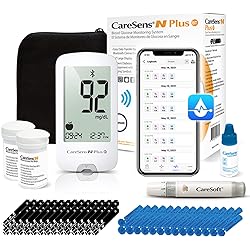CareSens N Plus Bluetooth Blood Glucose Monitor Kit with 100 Blood Sugar Test Strips, 100 Lancets, 1 Blood Glucose Meter, 1 Lancing Device, Travel Case for Diabetes Testing Kit Auto-Coding Glucometer kit with 1 Control Solution