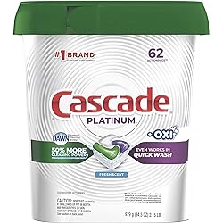 Cascade Platinum Dishwasher Pods, Actionpacs Oxi Dishwasher Detergent with Dishwasher Cleaner Action, Fresh, 62 Count