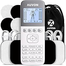 AUVON 4 Outputs H1 TENS Unit 24 Modes Muscle Stimulator for Pain Relief, Rechargeable TENS EMS Machine with Easy-to-Select Button Design, 2X Battery Life, Dust-Proof Bag and 8 Electrode Pads Grey