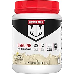 Muscle Milk Genuine Protein Powder, Vanilla Crème, 1.93 Pounds, 12 Servings, 32g Protein, 2g Sugar, Calcium, Vitamins A, C & D, NSF Certified for Sport, Energizing Snack, Packaging May Vary