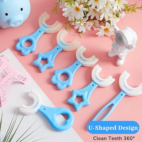 6 Pieces Kids U Shaped Toothbrush with Silicone Brush Head U Type Toothbrush Tooth Brushes for Kids U Shaped Toothbrush for Toddlers 2-12 Years Old Blue