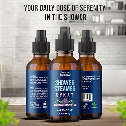 Eucalyptus, Lavender Shower Spray 2 fl oz - Freshens Up Any Space, Aromatherapy Steam Shower Spray, Enhances Mood, Encourages Calmness, At Home Spa - Instant Deodorizer for Bathroom - Nexon Botanics