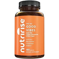 NutriRise Organic Ashwagandha - Good Vibes - 180ct - 1950mg Adaptogen Supplement for Glandular Health, Natural Relaxation & Stress Support, Promotes Restful Sleep, Immunity, Metabolism, Focus & Energy