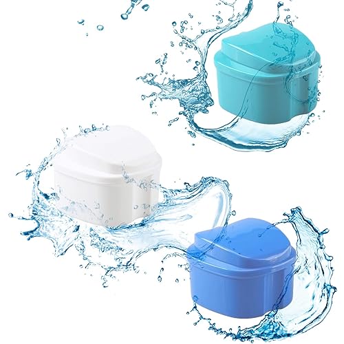 OBTANIM 2 Pack Denture Bath Cup Case Box Holder Storage Soak Container with Strainer Basket for RetainersTravel False Teeth Cleaning Blue, Green