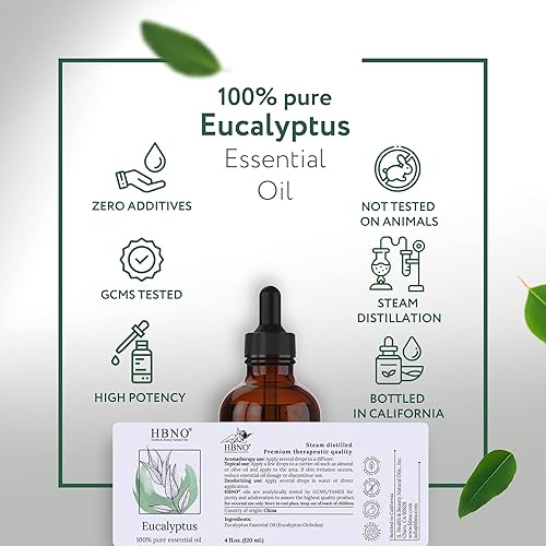 HBNO Eucalyptus Essential Oil 4 oz 120 ml - 100% Pure & Natural Eucalyptus Essential Oil for Diffuser - Eucalyptus Oil Essential Oil for Soothing Massage - Eucalyptus Oil for Skin Smooth & Clear