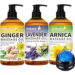 3 Pack Massage Oil for Massage Therapy with Massage Roller Ball,Ginger Oil Lymphatic Drainage & Arnica Sore Muscle & Lavender Relaxing Massage Oils-Spa Gift Mothers Day Fathers Day Gift for Men Women