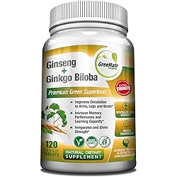 Panax Ginseng Ginkgo Biloba Tablets - Premium Non-GMOVeggie Superfood - Traditional Energy Booster and Brain Sharpener 120 Tablets