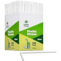 380 Pack] Individually Wrapped Disposable Plastic Flexible Drinking Straws - BPA Free - White