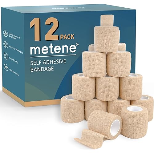 Metene Self Adhesive Bandage Wrap 12 Pack, Athletic Tape 2 Inches X 5 Yards, Sports Tape, Breathable, Waterproof, Elastic Bandage for Sports, Wrist and Ankle Wrap Tape, Non-Woven Bandage