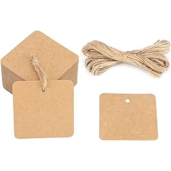 Paper Gift Tags,100 PCS Square Hang Tags with String Kraft Paper Blank Gift Tags with 66 Feet Natural Jute Twine for Arts and Crafts, Wedding Christmas Day Brown