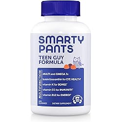 SmartyPants Teen Guy Formula, Daily Multivitamin Gummies: Vitamins C, B12, K, Zinc, Biotin for Immune Support, Energy, Skin & Hair Support, Assorted Fruit Flavor, 120 Gummies 30 Day Supply