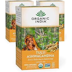 Organic India Tulsi Ashwagandha Herbal Tea - Holy Basil, Stress Relieving & Balancing, Immune Support, Adaptogen, Vegan, USDA Certified Organic, Caffeine-Free - 18 Infusion Bags, 3 Pack