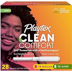 Playtex Clean Comfort Organic Tampons, Regular and Super Variety Pack, 28ct
