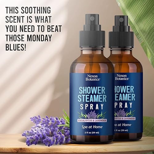 Eucalyptus, Lavender Shower Spray 2 fl oz - Freshens Up Any Space, Aromatherapy Steam Shower Spray, Enhances Mood, Encourages Calmness, At Home Spa - Instant Deodorizer for Bathroom - Nexon Botanics