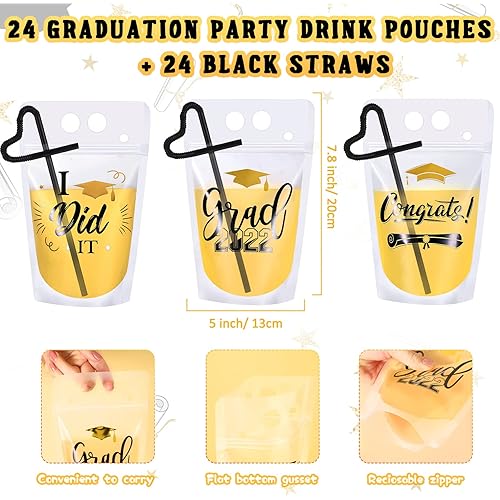 24 Pcs Graduation Party Drink Pouches Bags with Straws 2022 Congrats Grad Plastic Drink Pouches Gold Black Clear Reclosable Zipper Drink Bag Juice Pouches for Graduation Party Decorations