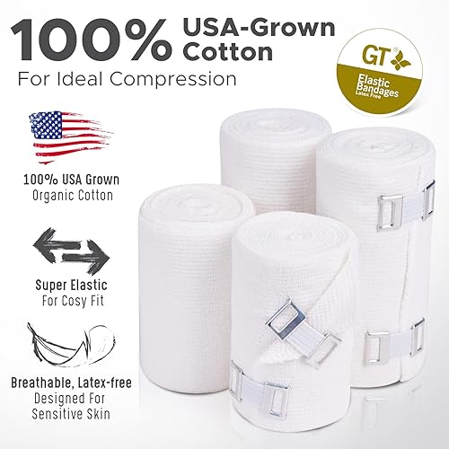 GT Soft | Latex Free White | Organic USA Cotton Elastic Bandage | Set of Two 4 inch & Two 3 inch Wraps | Classic Clip Closure | Washable Reusable